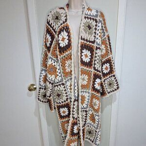 POL Long Crochet Granny Square Duster S/M Boho Multicolor Hood Earth Tones